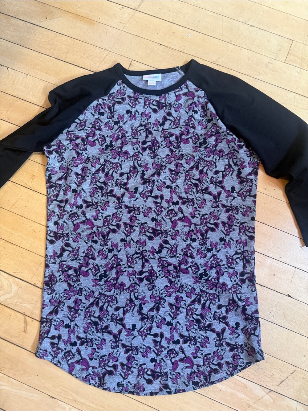 Disney Heather Gray Top with Black Sleeves and Purple Minnie Print